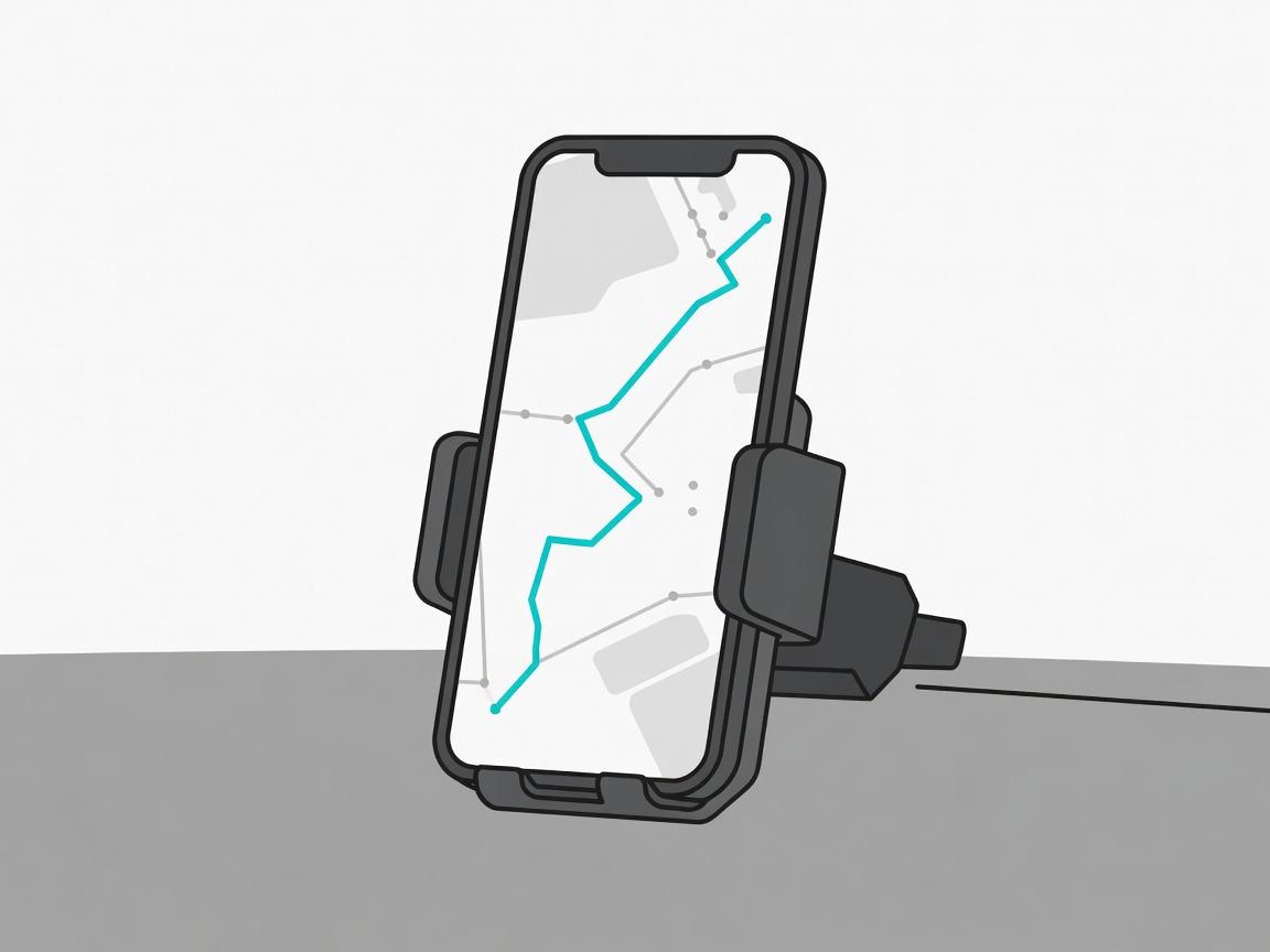 Flat vector illustration of a phone held in a dashboard mount showing a route map