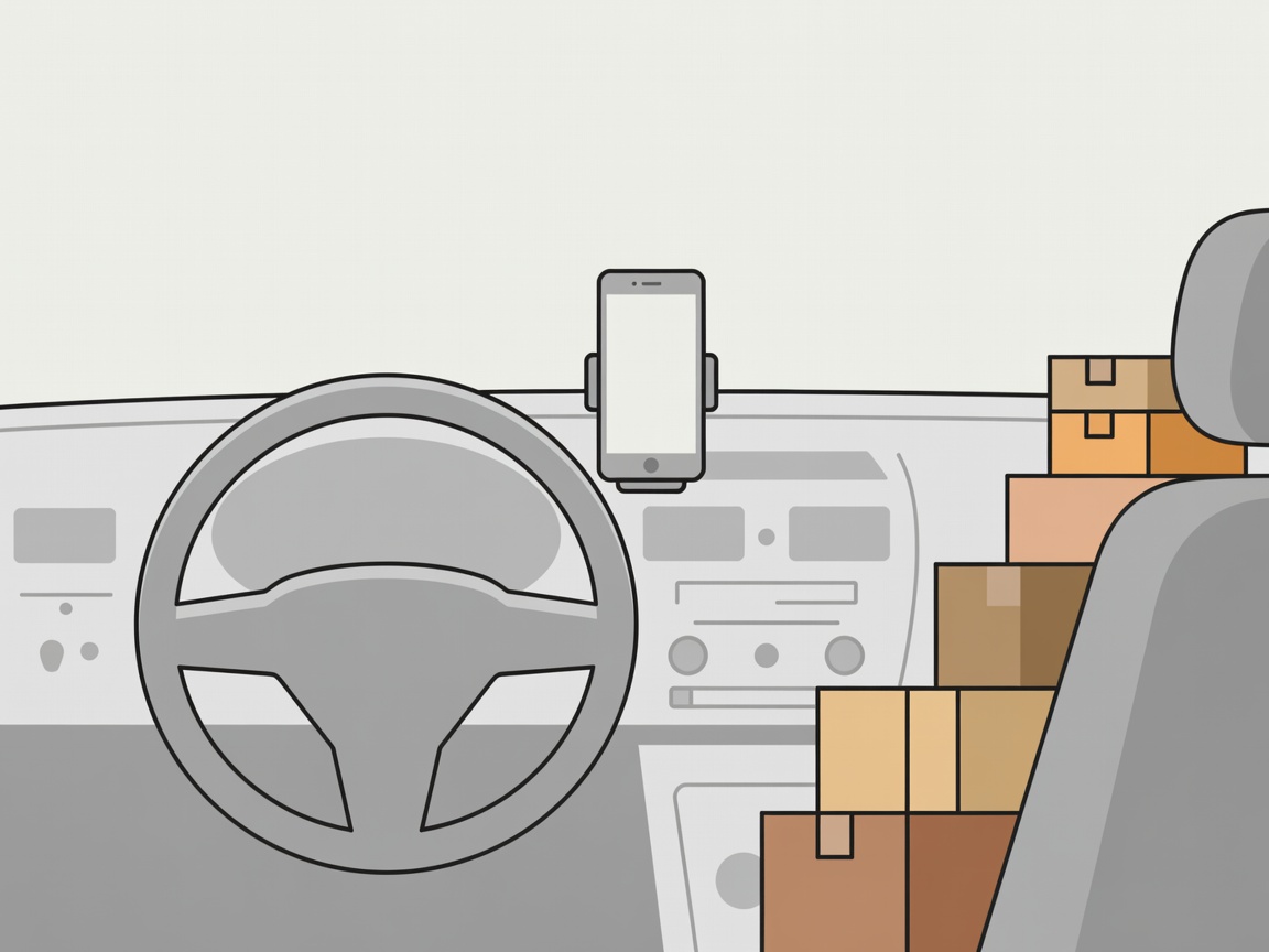 Flat vector illustration of a delivery driver's cab dashboard with a phone, steering wheel and parcels on the passenger seat