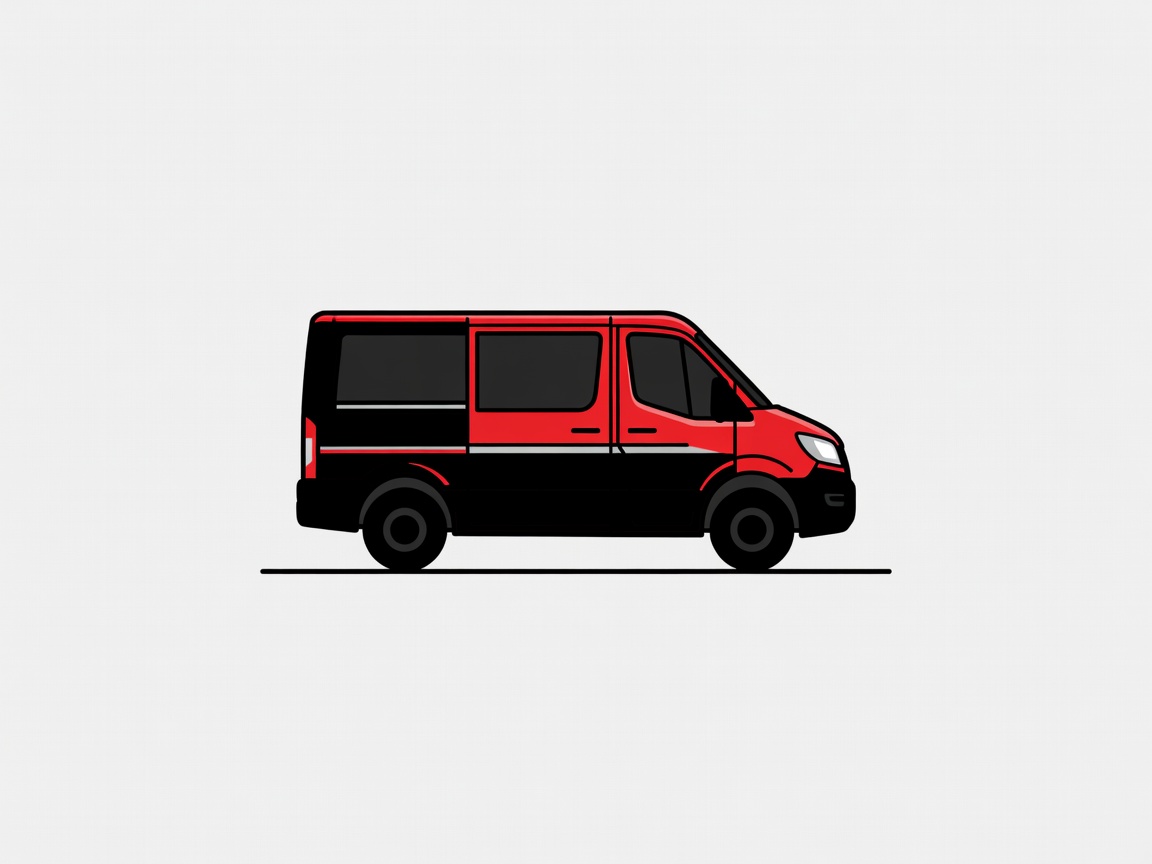 Flat vector illustration of a black and crimson delivery van with a silver stripe parked at a kerb