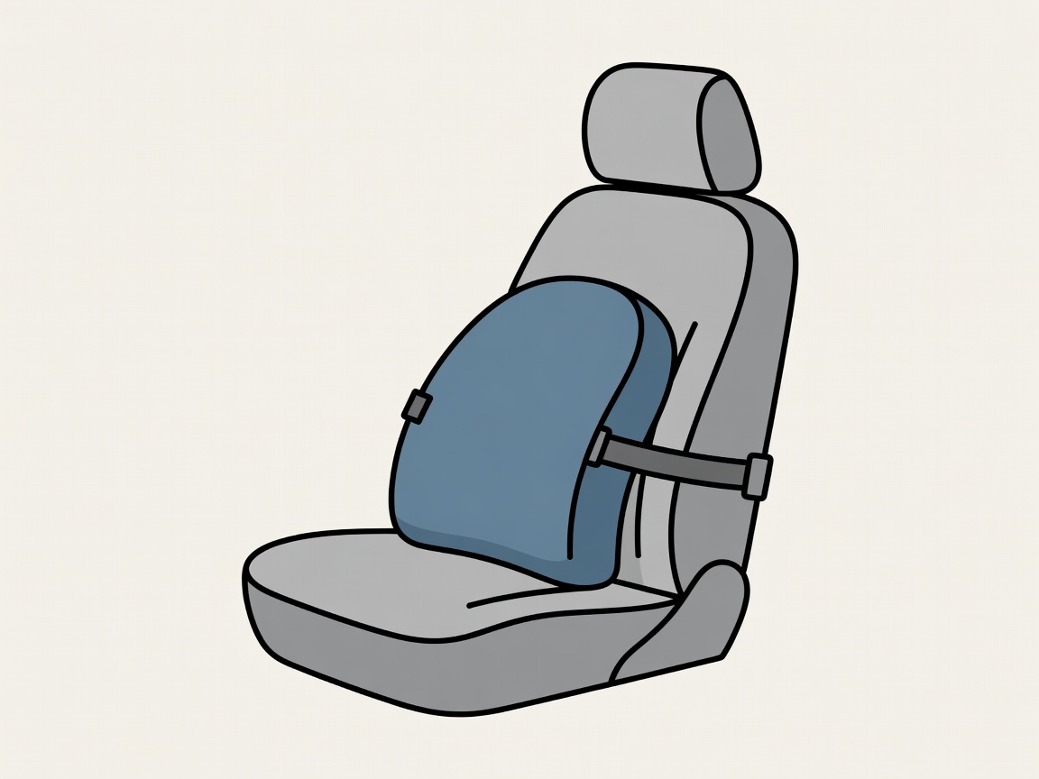 Flat vector illustration of a curved lumbar cushion strapped to a driver's seat