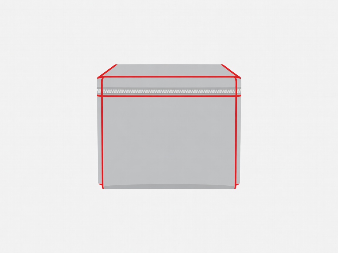 Flat vector illustration of a square insulated delivery bag with a silver zip and crimson trim